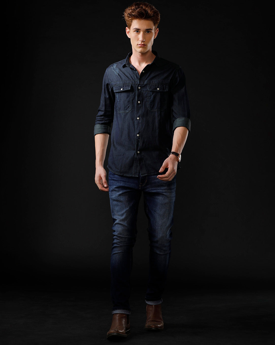 Men's Slim Fit Solid Denim Casual Shirt (STOGE)