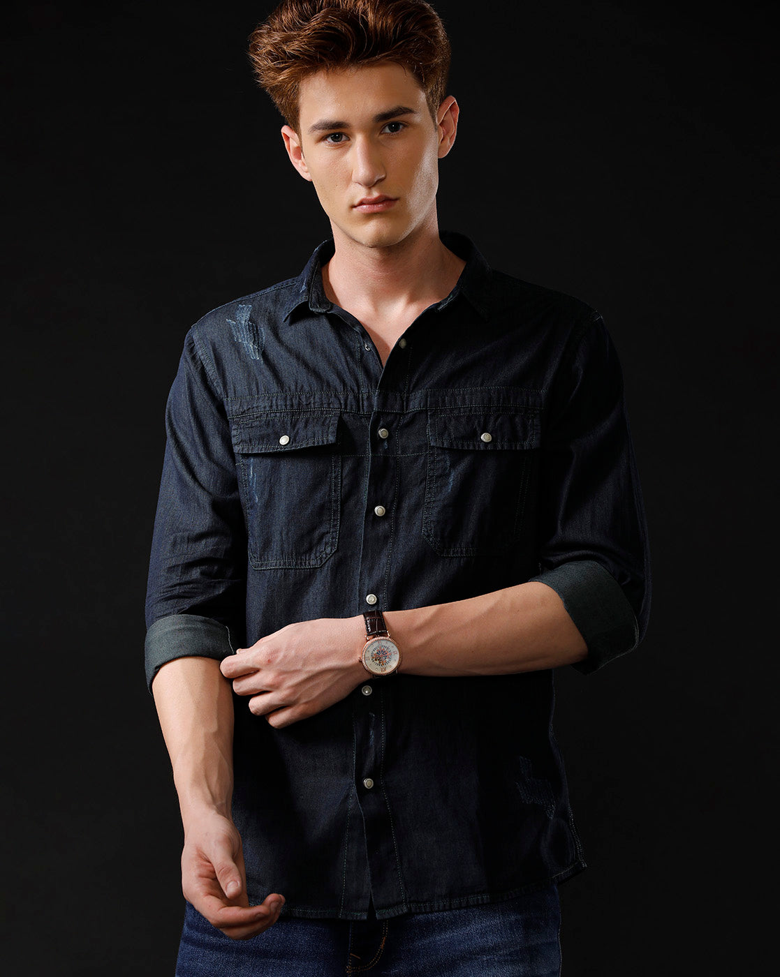 Men's Slim Fit Solid Denim Casual Shirt (STOGE)