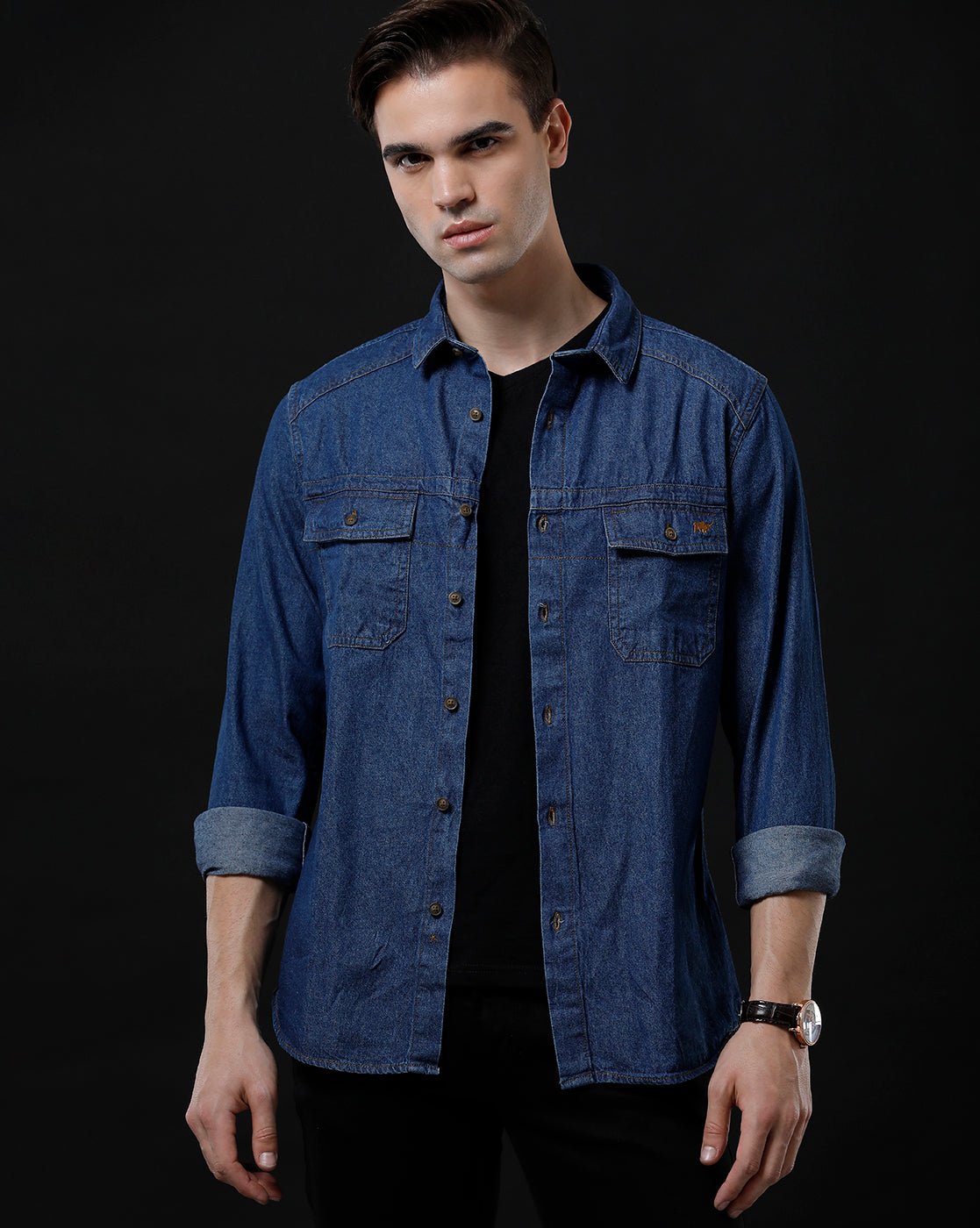 Men's Slim Fit Solid Denim Casual Shirt (STOOD)