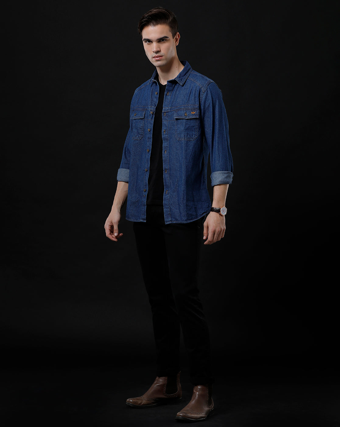 Men's Slim Fit Solid Denim Casual Shirt (STOOD)