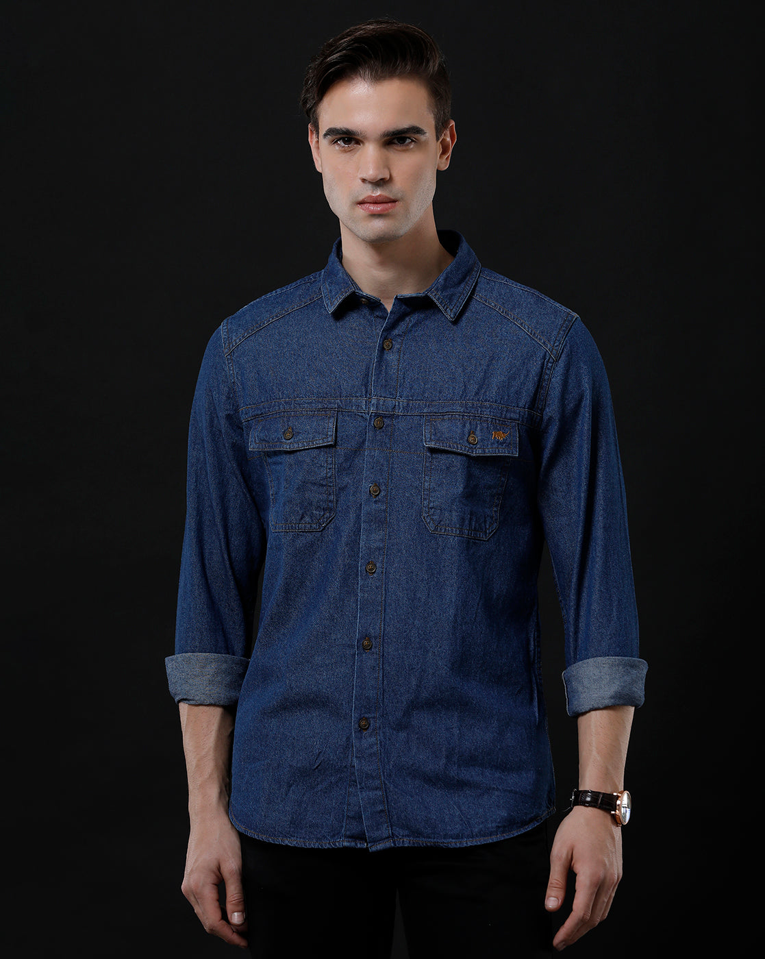Men's Slim Fit Solid Denim Casual Shirt (STOOD)