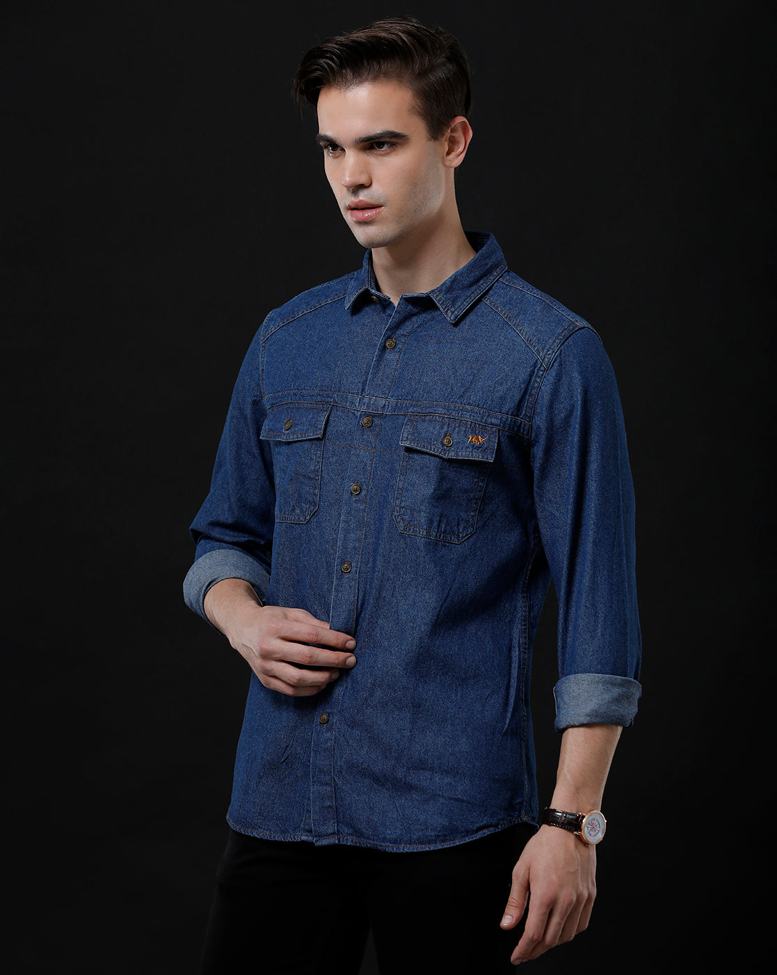 Men's Slim Fit Solid Denim Casual Shirt (STOOD)