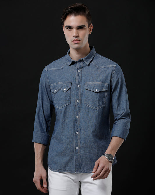 Men's Slim Fit Solid Denim Casual Shirt (WINNY)