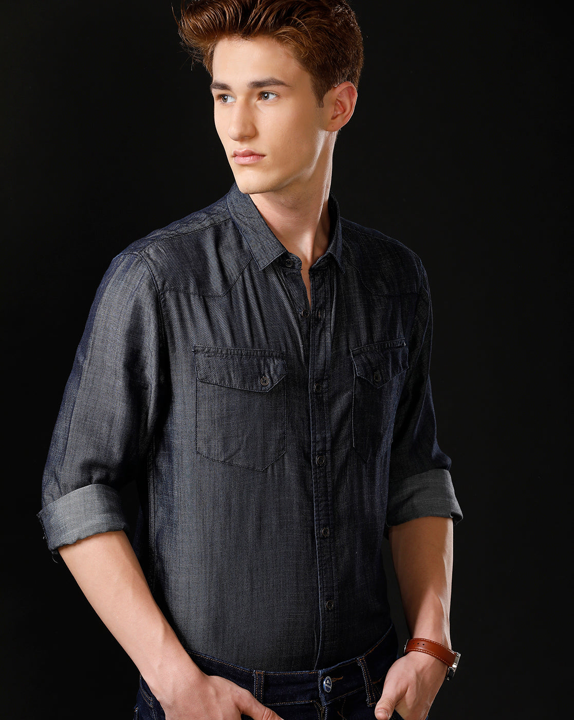 Men's Slim Fit Solid Denim Casual Shirt (ANCHO)