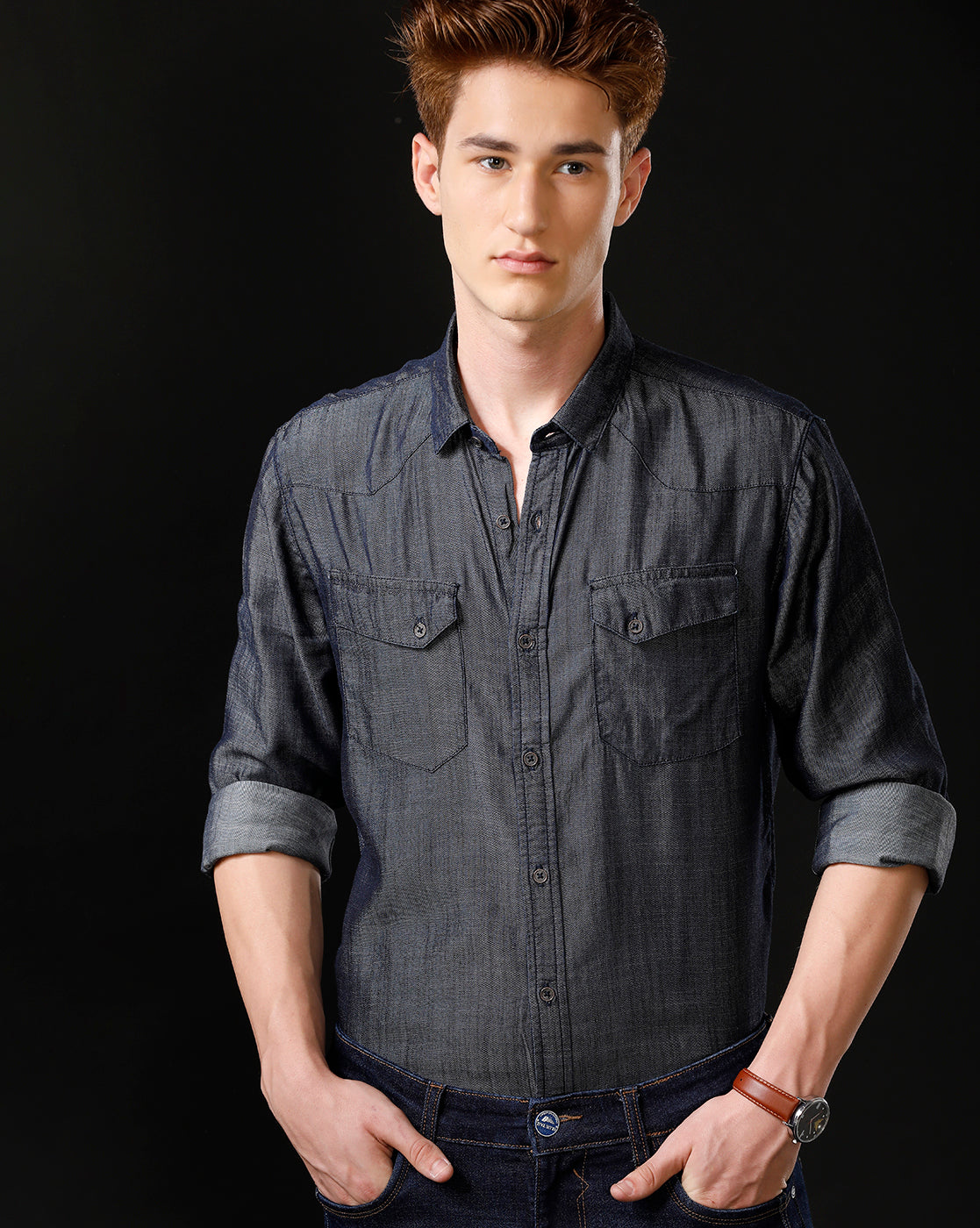 Men's Slim Fit Solid Denim Casual Shirt (ANCHO)