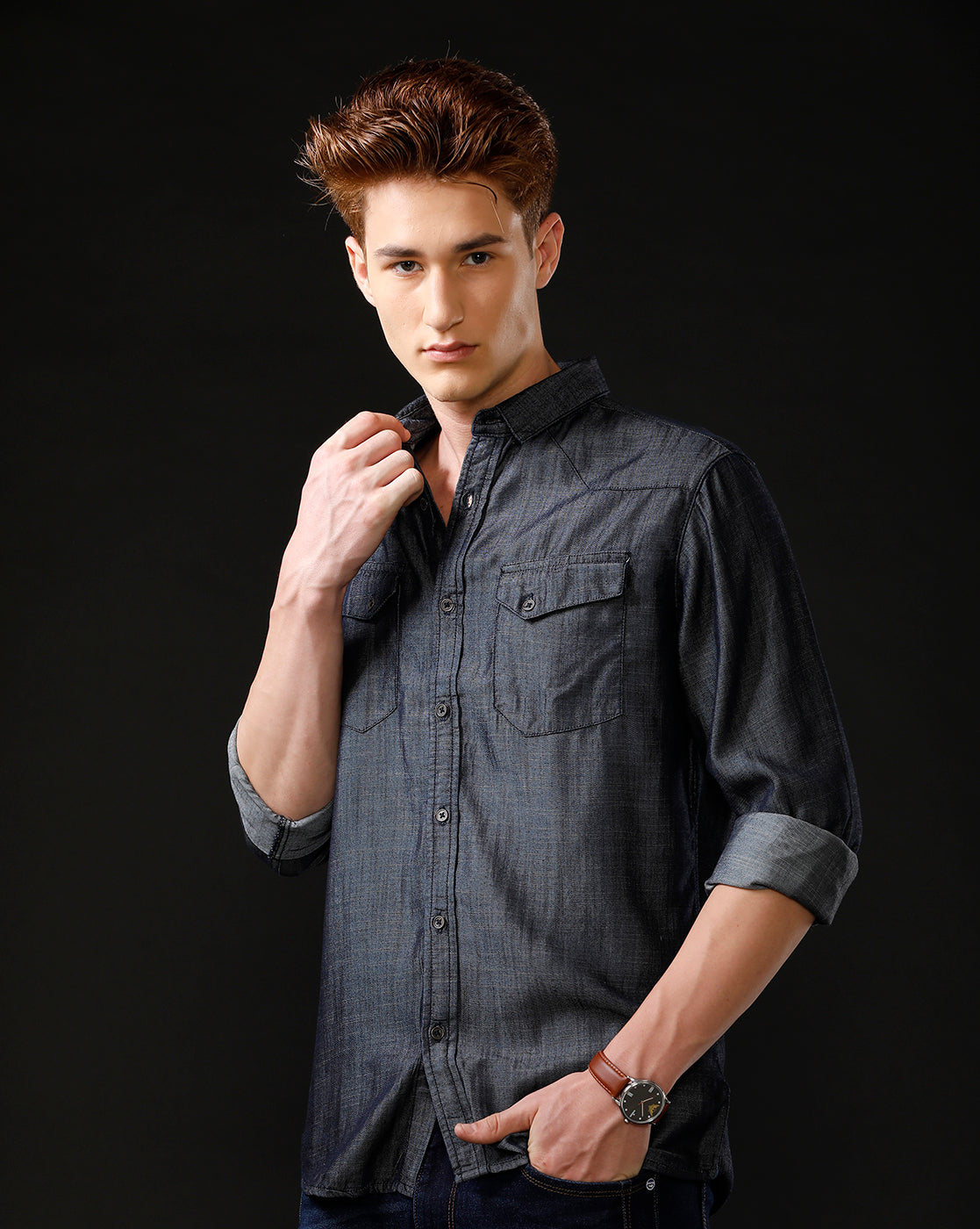 Men's Slim Fit Solid Denim Casual Shirt (ANCHO)