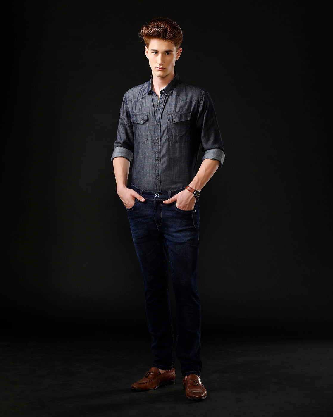 Men's Slim Fit Solid Denim Casual Shirt (ANCHO)