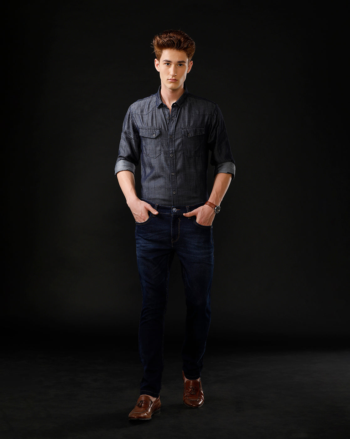 Men's Slim Fit Solid Denim Casual Shirt (ANCHO)