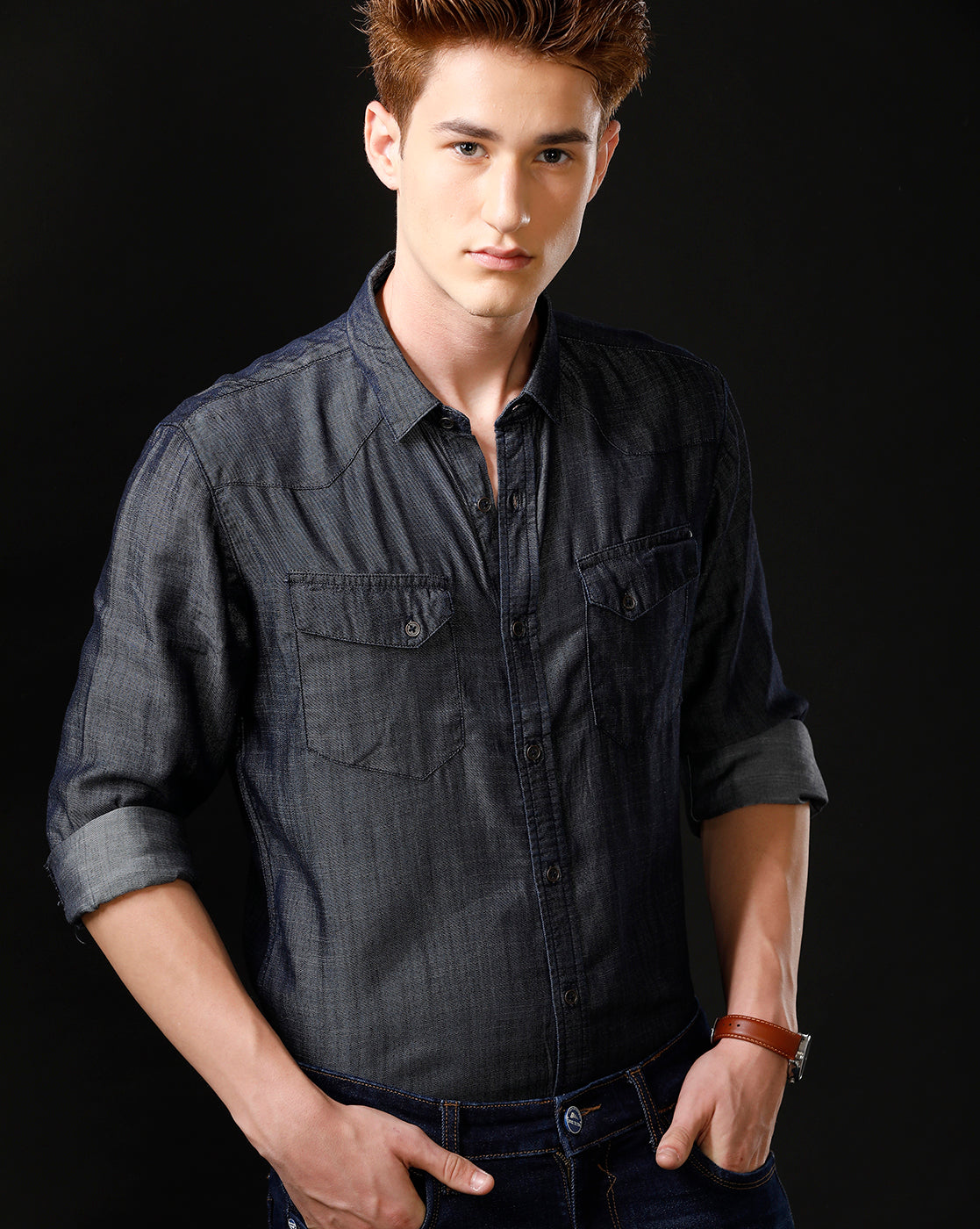Men's Slim Fit Solid Denim Casual Shirt (ANCHO)